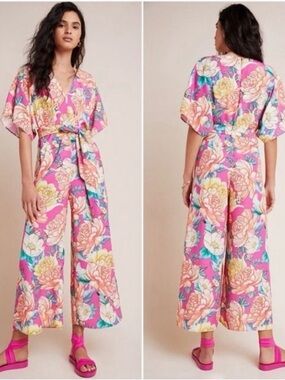 Anthropologie FARM for Anthropologie Wide Leg Jumpsuit Pink Tropical Floral Maxi
